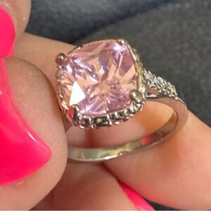 Silver Pink Cushion-Cut Crystal Ring